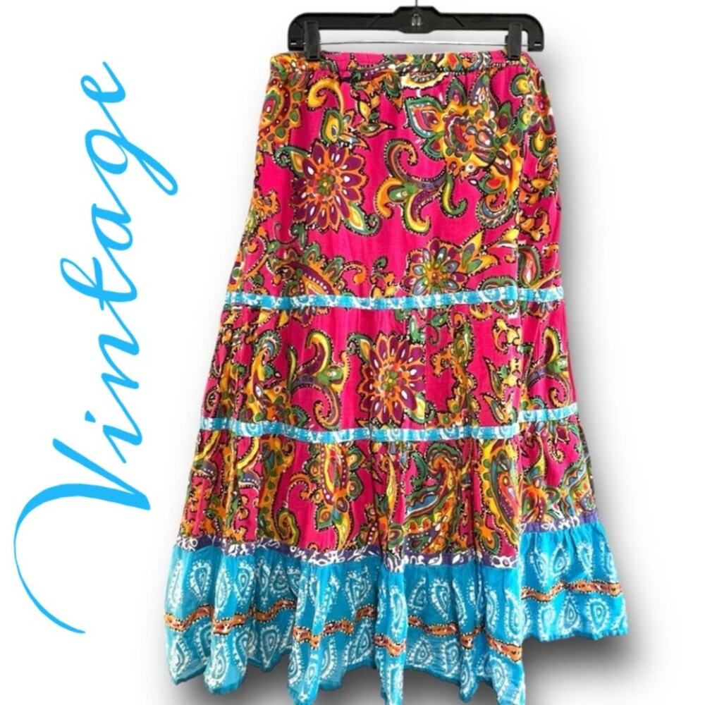 PINK TURQUOISE FLORAL TIER MAXI SKIRT SZ XLG - Picture 10 of 11